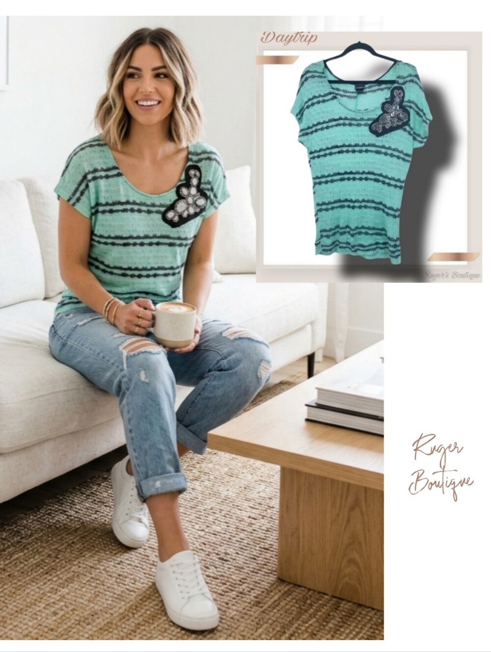 🌿Daytrip Women's Small Teal and Black Top With Gorgeous Jeweled Embellishments